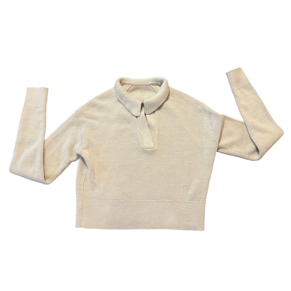 Lululemon Merino Wool Blend Polo Sweater Women XS Cream Ribbed 1689